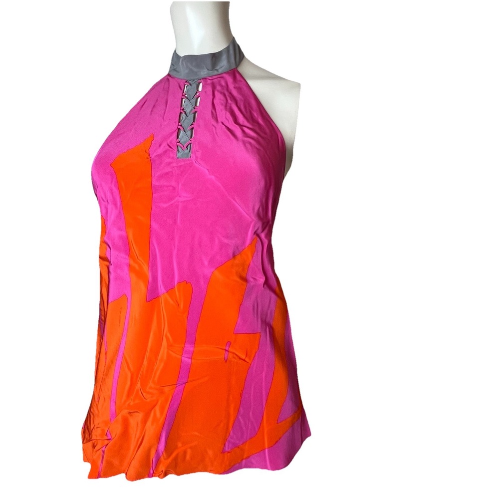 TIBI Women's Halter Neck Lined Pink Orange Silk Sleeveless Shift Mod Top 4